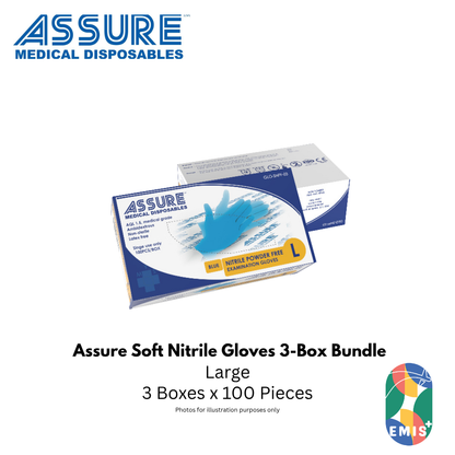 Bundle of 3 ASSURE Soft Nitrile Gloves Powder Free Blue 100 Pcs Per Box