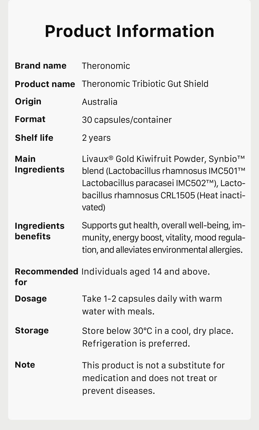 【Member Upgrade】Theronomic Tribiotic Gut Shield 30 capsules*8 bottles Free SGD9 voucher pack