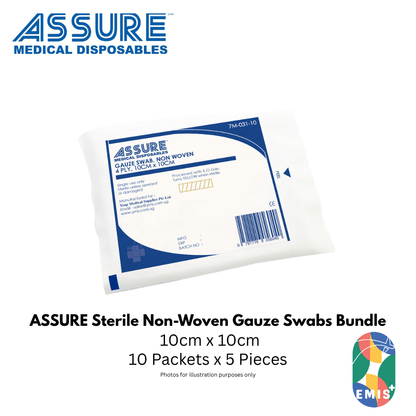 Bundle of 10 ASSURE Sterile Non Woven Gauze Swab 10cm x 10cm 4 Ply 5 Pcs Per Pack