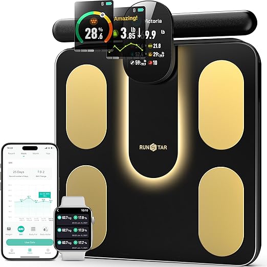 Runstar Smart Scale FSA or HSA Eligible, 8 Electrodes Digital Bathroom Scale for Body Weight and Fat, BMI, Muscle Mass 28 Body Composition Measurement, with Full-Color TFT LCD on Ret retractable Handle