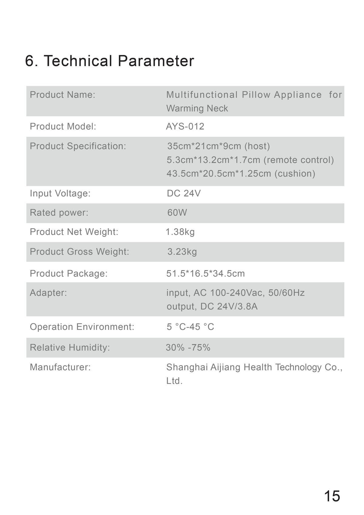 AiYiSheng AYS-012 Warming Neck Pillow Appliance official English manual page 16