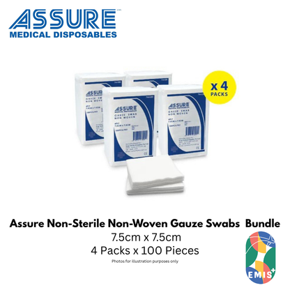 ASSURE Non-Woven Gauze Swab Non-Sterile 7.5cm x 7.5cm 4-Ply Bundle of 4 (100 Pieces per Pack)