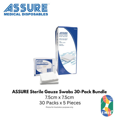 ASSURE Sterile Gauze Swab 7.5cm x 7.5cm 12-Ply Bundle of 30 (5 Pieces per Pack)