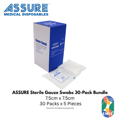 ASSURE Sterile Gauze Swab 7.5cm x 7.5cm 12-Ply Bundle of 30 (5 Pieces per Pack)