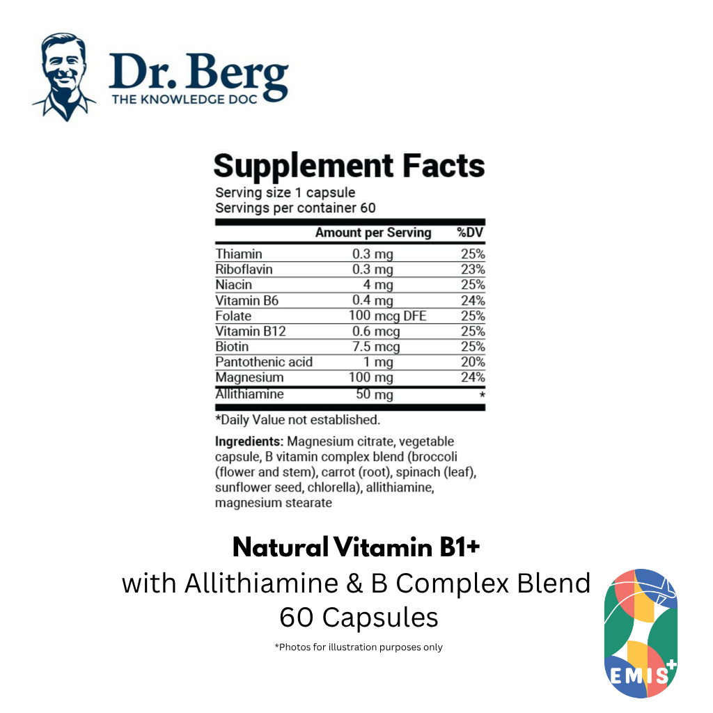 Dr. Berg 天然维生素 B1+ 含蒜硫胺素和 B 族复合物混合物 - 60 粒胶囊