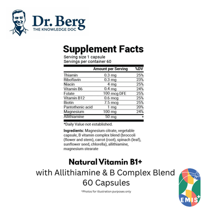 Dr. Berg 天然维生素 B1+ 含蒜硫胺素和 B 族复合物混合物 - 60 粒胶囊