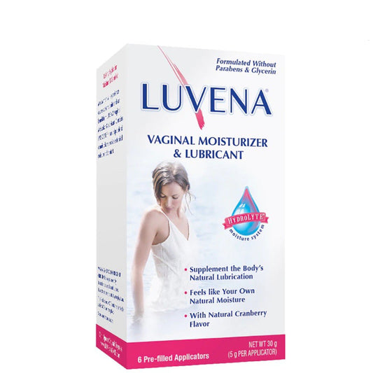 LUVENA Vaginal Moisturizer & Lubricant box with soothing and hydrating formula, pH-balanced for dryness relief and natural cranberry flavor.