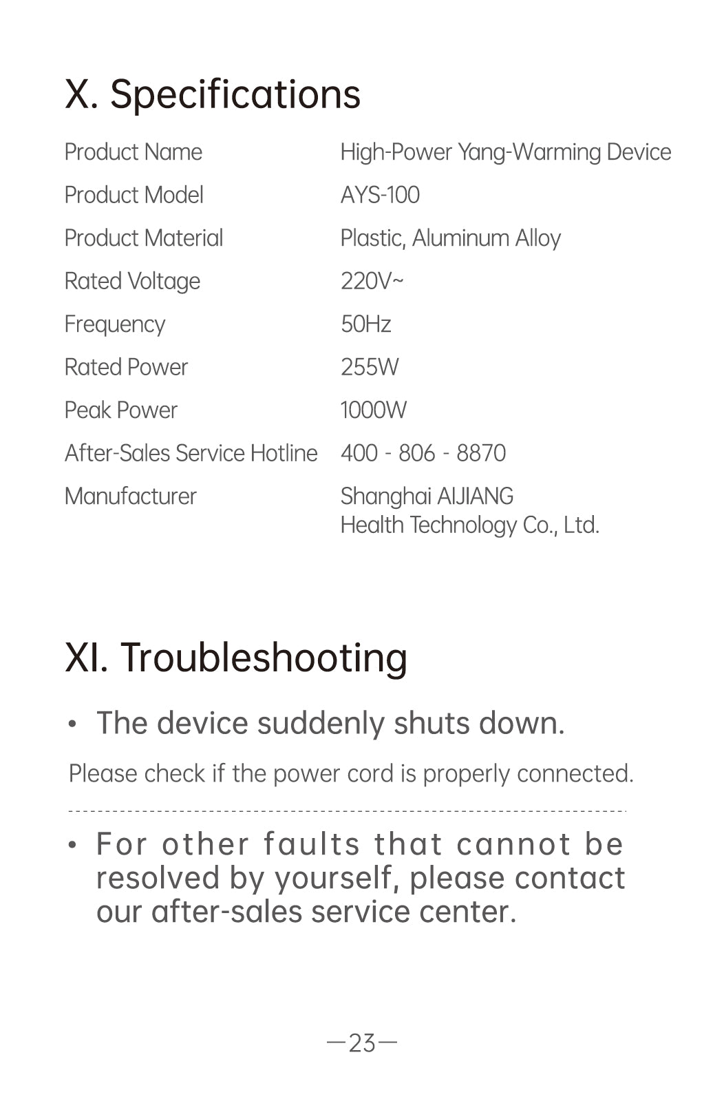 AiYiSheng AYS-100 High Power Yang Warming Moxibustion Device official English manual page 25