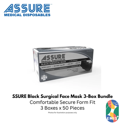 Bundle of 3 ASSURE Black Surgical Face Mask 3 Ply with Earloop 50 Pieces per Box
