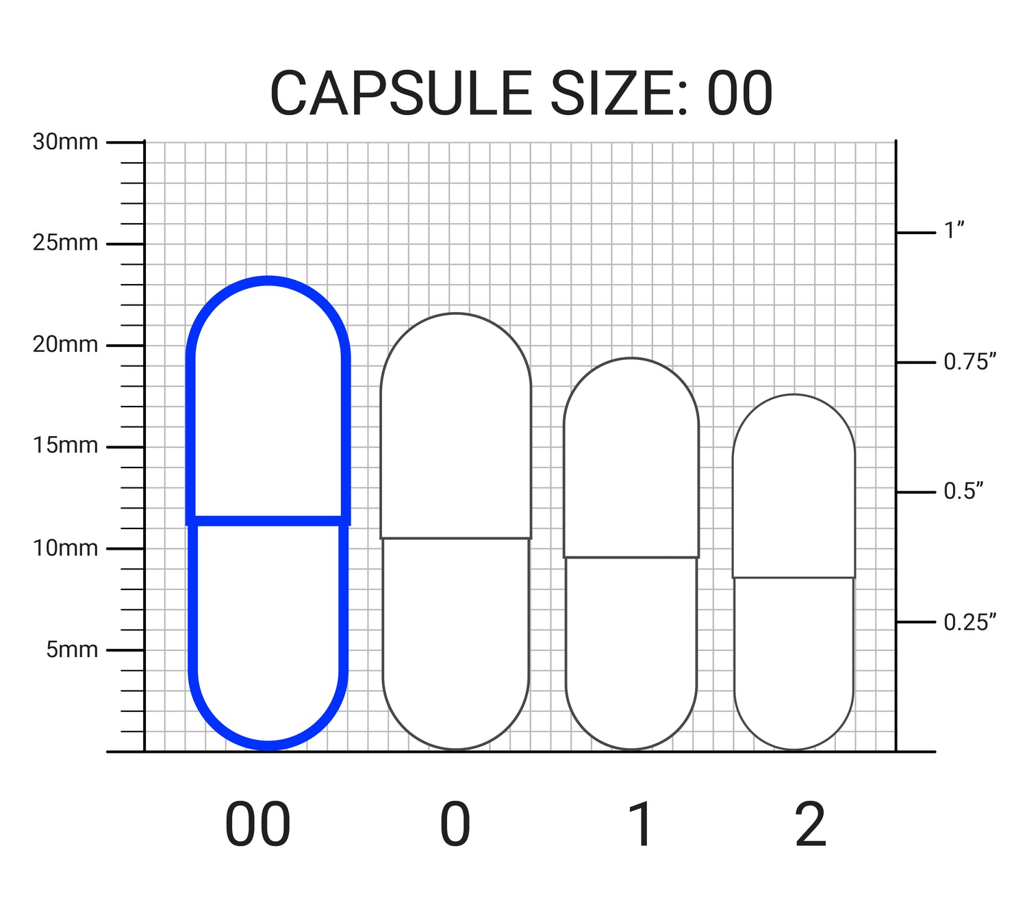 Capsule size chart featuring size 00, relevant for Dr Berg Wild-Caught Omega-3 Cod Liver Fish Oil DHA EPA – 60 Softgels measurements.