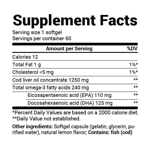 Supplement facts of Dr Berg Wild-Caught Omega-3 Cod Liver Fish Oil DHA EPA – 60 Softgels showing nutrient information and ingredients.