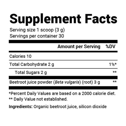 Supplement facts for Dr Berg Organic Beetroot Juice Powder – Raw, Fresh, USDA Organic showing calories and ingredients.