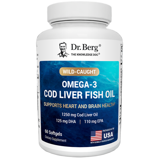 Dr Berg Wild-Caught Omega-3 Cod Liver Fish Oil DHA EPA – 60 Softgels, supports heart and brain health, lemon-flavored softgels bottle