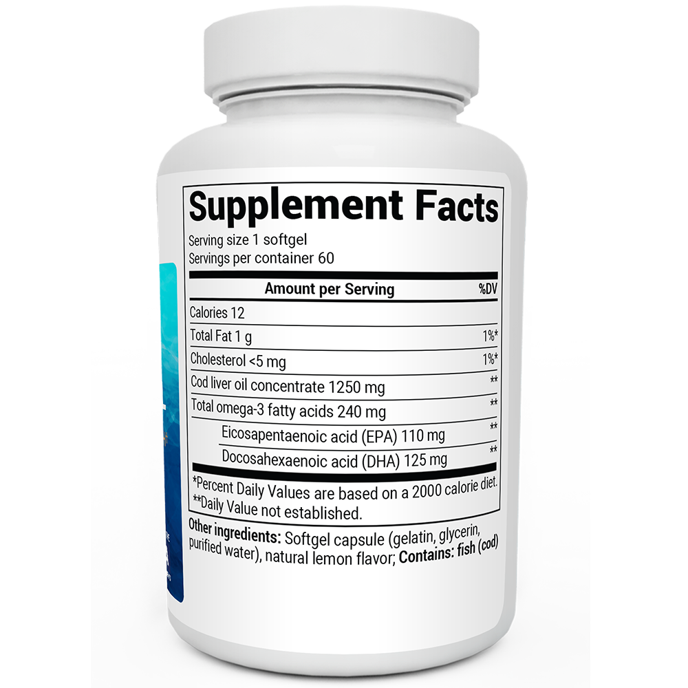 Supplement facts of Dr Berg Wild-Caught Omega-3 Cod Liver Fish Oil DHA EPA – 60 Softgels