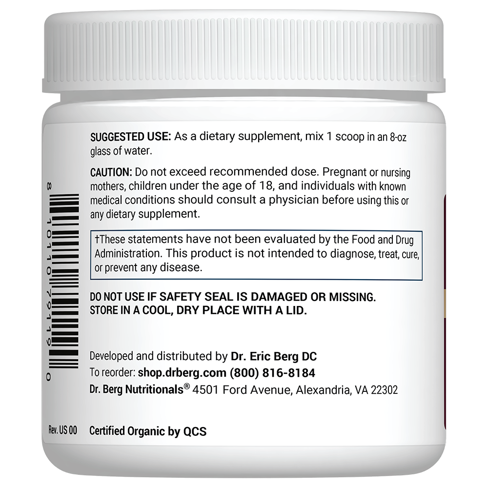 Label of Dr Berg Organic Beetroot Juice Powder – Raw, Fresh, USDA Organic product, highlighting instructions and warnings.