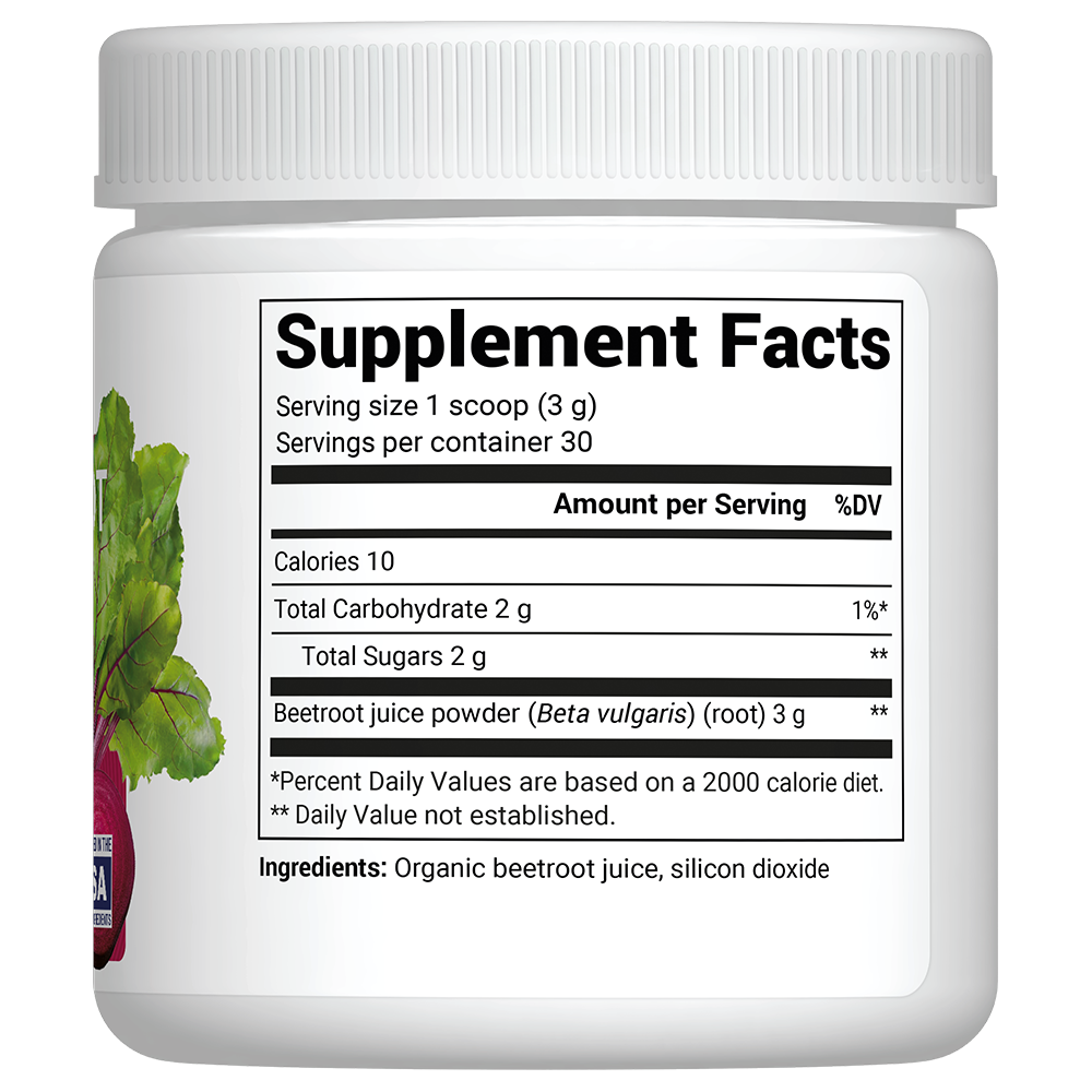 Dr Berg Organic Beetroot Juice Powder – Raw, Fresh, USDA Organic supplement facts label on container