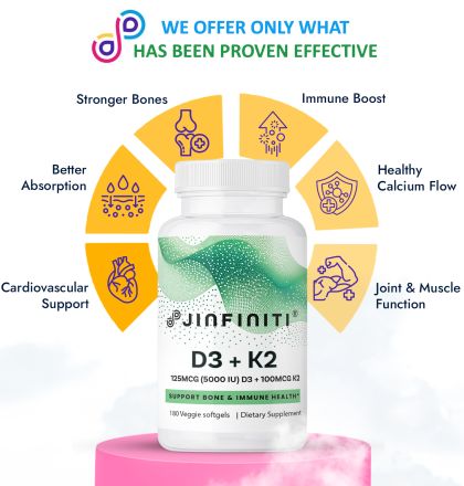 Jinfiniti Vitamin D3 + K2 Supplement with Coconut Oil - 180 Softgels