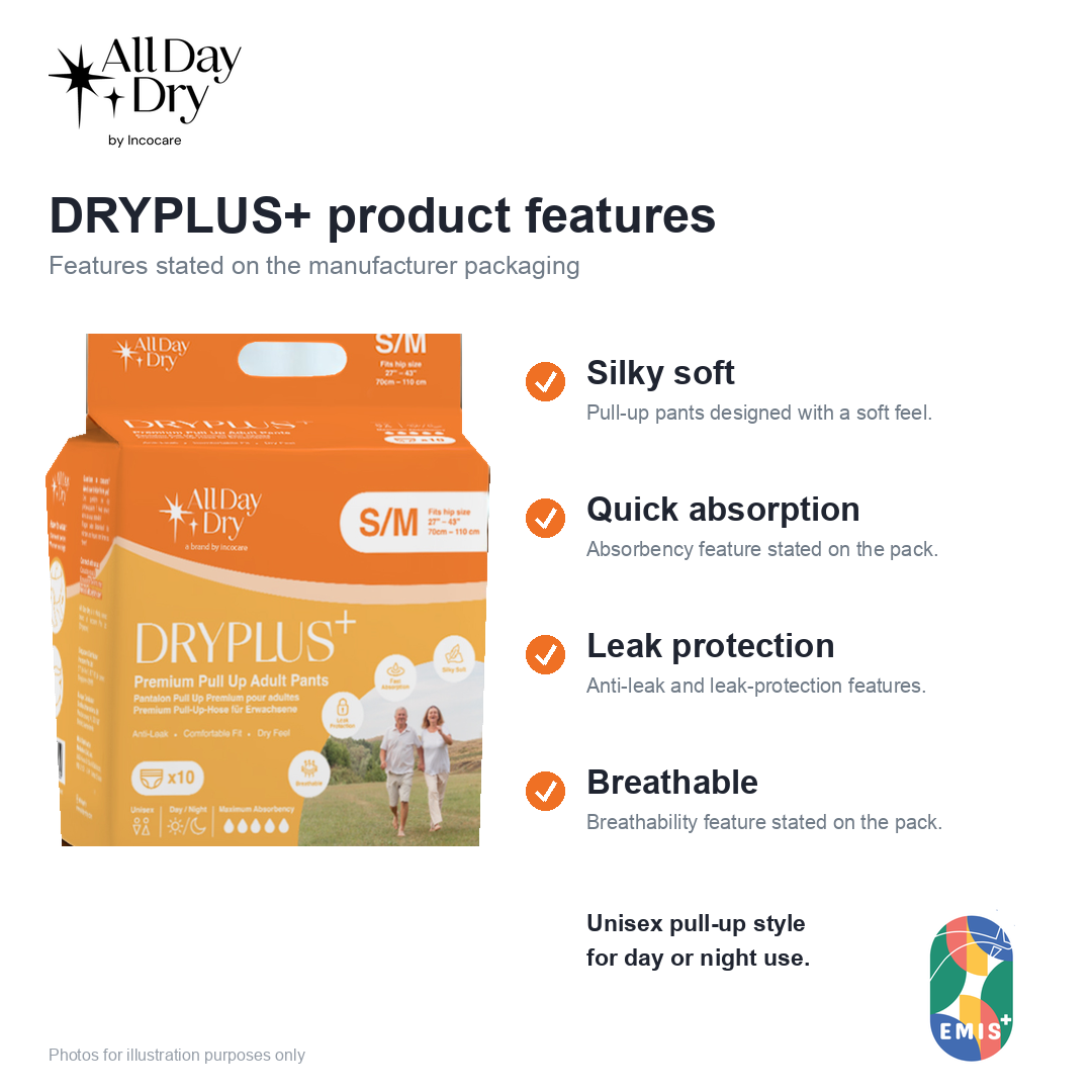 All Day Dry DRYPLUS+ adult pull-up pants product features