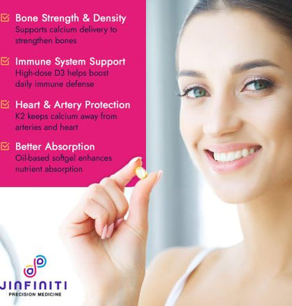 Jinfiniti Vitamin D3 + K2 Supplement with Coconut Oil - 180 Softgels
