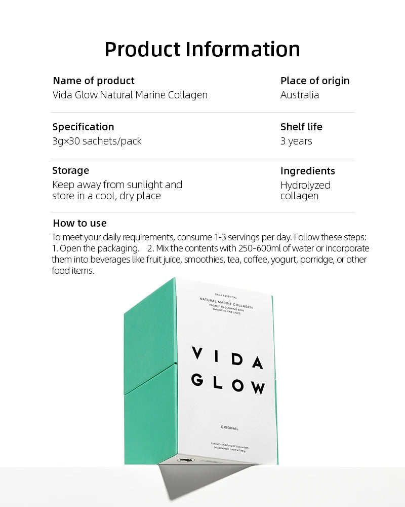 Vida Glow Natural Marine Collagen 30 sachets*3 packs Free Marine Collagen*6 sachets