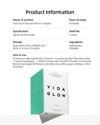 Vida Glow Natural Marine Collagen 30 sachets*3 packs Free Marine Collagen*6 sachets
