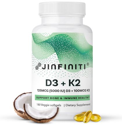 Jinfiniti Vitamin D3 + K2 Supplement with Coconut Oil - 180 Softgels