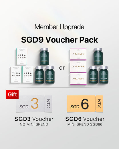 【Member Upgrade】Vida Glow Radiance+*3 bottles+Collagen Liquid Advance/Marine Collagen*3 packs Free SGD9 voucher pack