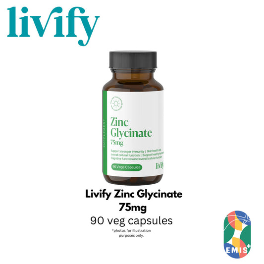 [60 Capsules] Livify Zinc Glycinate 75mg Boosts Immunity, Clear Skin, Nutrient Absorption EMIS+