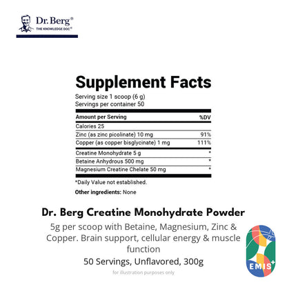 [300g] Dr Berg Creatine Monohydrate Powder 5g | Unflavored 50 Servings EMIS+