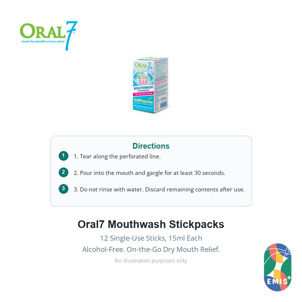 [12s] Oral7 Mouthwash Stickpacks 15ml Single-Use Alcohol-Free Dry Mouth Relief EMIS+