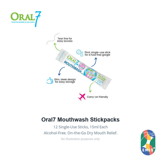 [12s] Oral7 Mouthwash Stickpacks 15ml Single-Use Alcohol-Free Dry Mouth Relief EMIS+