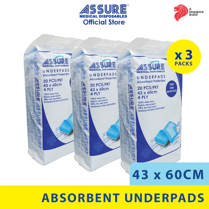 [Bundle of 3] ASSURE Underpads 17" X 24", 43cm X 60cm, 4-Ply 20'S/Pkt