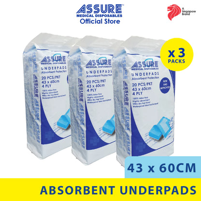 [Bundle of 3] ASSURE Underpads 17" X 24", 43cm X 60cm, 4-Ply 20'S/Pkt