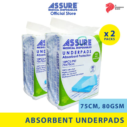 [Bundle of 2] ASSURE Underpads 30" X 30", 75cm X 75cm 80G, 10'S/Pkt