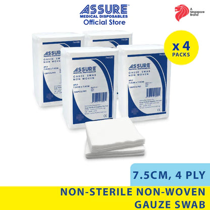 [Bundle of 4] ASSURE Gauze Swab Non-Woven Non-Sterile 7.5cm X 7.5cm X 4-Ply, 100pce/Pkt