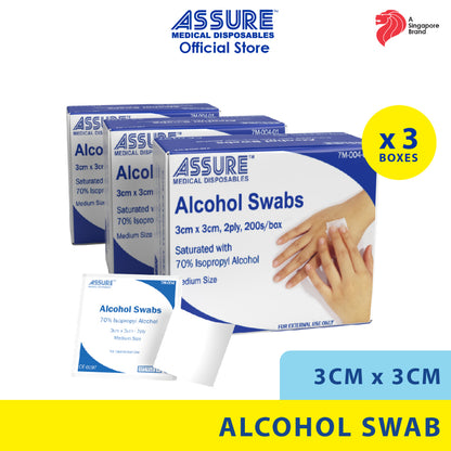 [Bundle of 3] ASSURE Alcohol Swab Sterile 3cm X 3cm 2-Ply 200 Pce/Box