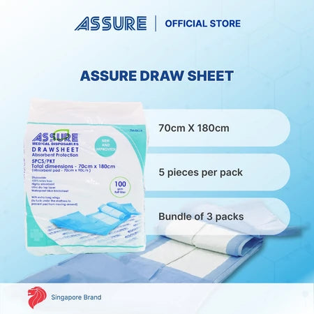 [Bundle of 3] ASSURE Drawsheet 70cm X 180cm With Pad (70cm X 90cm 100Gsm Fluff) 5'S/Pkt