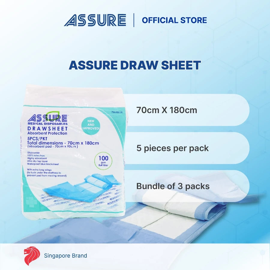 [Bundle of 3] ASSURE Drawsheet 70cm X 180cm With Pad (70cm X 90cm 100Gsm Fluff) 5'S/Pkt