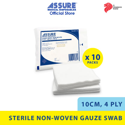 [Bundle of 10] ASSURE Sterile Non-Woven Gauze Swab 10cm x 10cm x 4-Ply, 5 Pce/Pkt