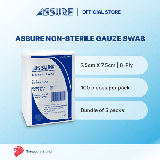 [Bundle of 5] ASSURE Gauze Swab Non-Sterile 7.5cm X 7.5cm X 8-Ply, 100 Pce/Pkt