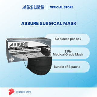 [Bundle of 3] ASSURE Black Surgical Face Mask 3-Ply With Ear- Loop, 50'S/Box