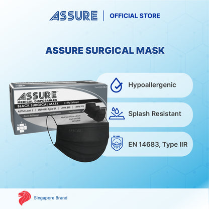 [Bundle of 3] ASSURE Black Surgical Face Mask 3-Ply With Ear- Loop, 50'S/Box