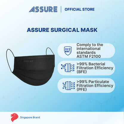 [Bundle of 3] ASSURE Black Surgical Face Mask 3-Ply With Ear- Loop, 50'S/Box