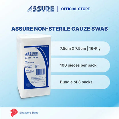 [Bundle of 3] ASSURE Gauze Swab Non-Sterile 7.5cm X 7.5cm X 16-Ply Mesh19X15 100 Pce/Pkt
