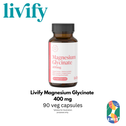 [90 Capsules] Livify Magnesium Glycinate 400mg Supports Relaxation & Sleep and Heart Health EMIS+