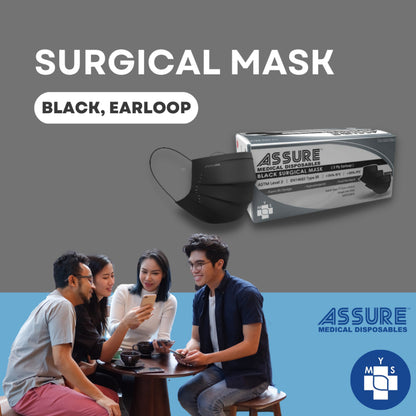 [Bundle of 3] ASSURE Black Surgical Face Mask 3-Ply With Ear- Loop, 50'S/Box