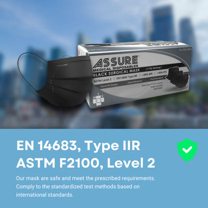 [Bundle of 3] ASSURE Black Surgical Face Mask 3-Ply With Ear- Loop, 50'S/Box