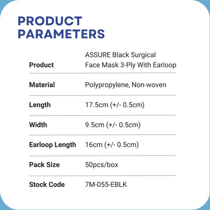 [Bundle of 3] ASSURE Black Surgical Face Mask 3-Ply With Ear- Loop, 50'S/Box